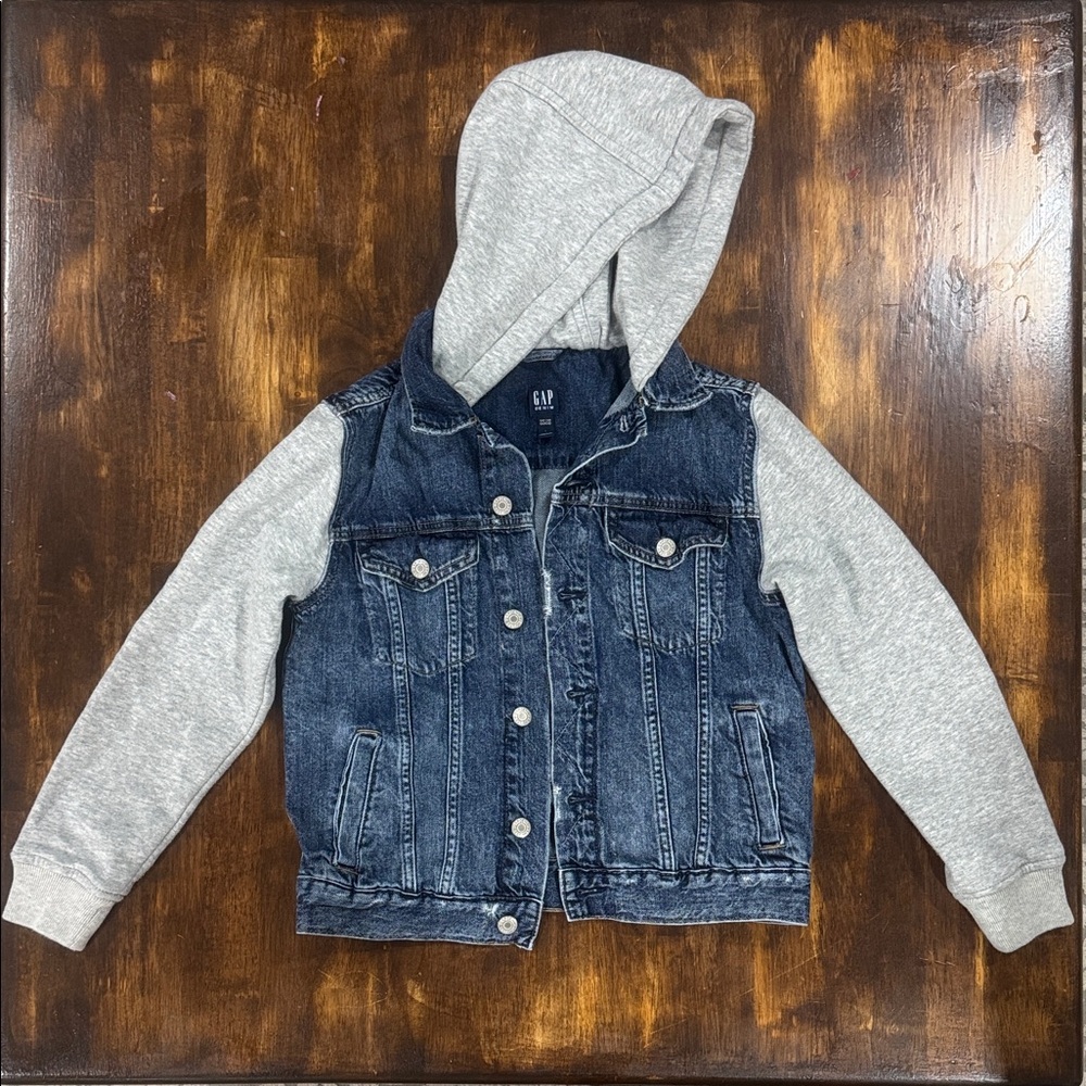 GAP Kids Blue Denim Jacket with Gray Hood